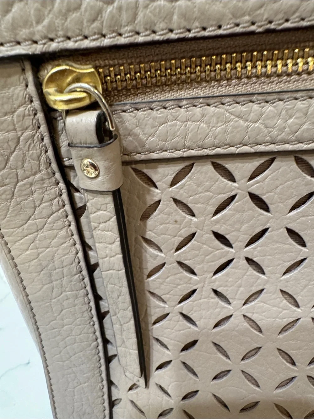 kate spade Taupe Perri Lane Perforated Leather Satchel with Gold Hardware